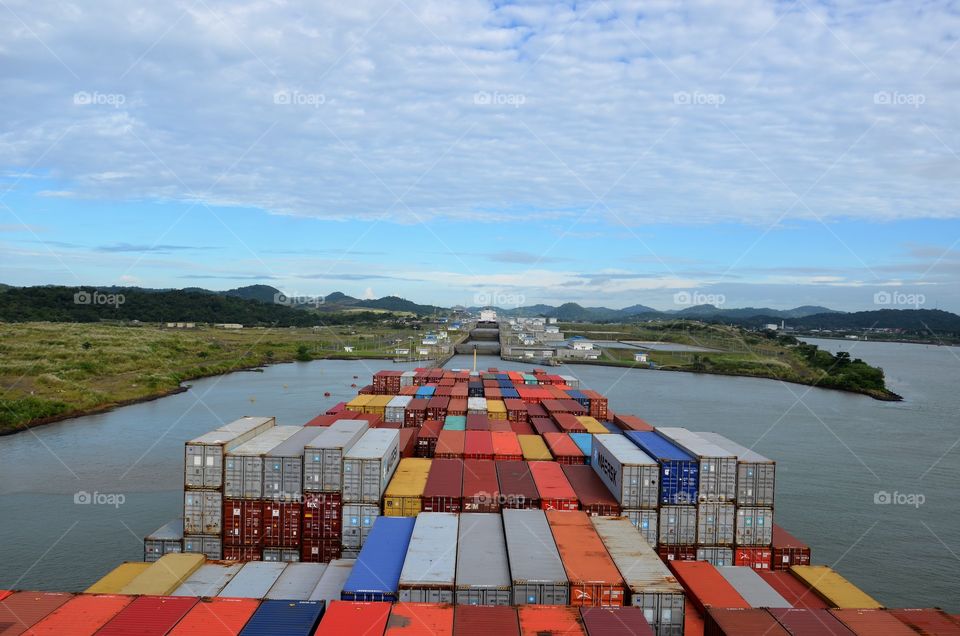 Container vessel entering Cocoli locks in the Panama Canal