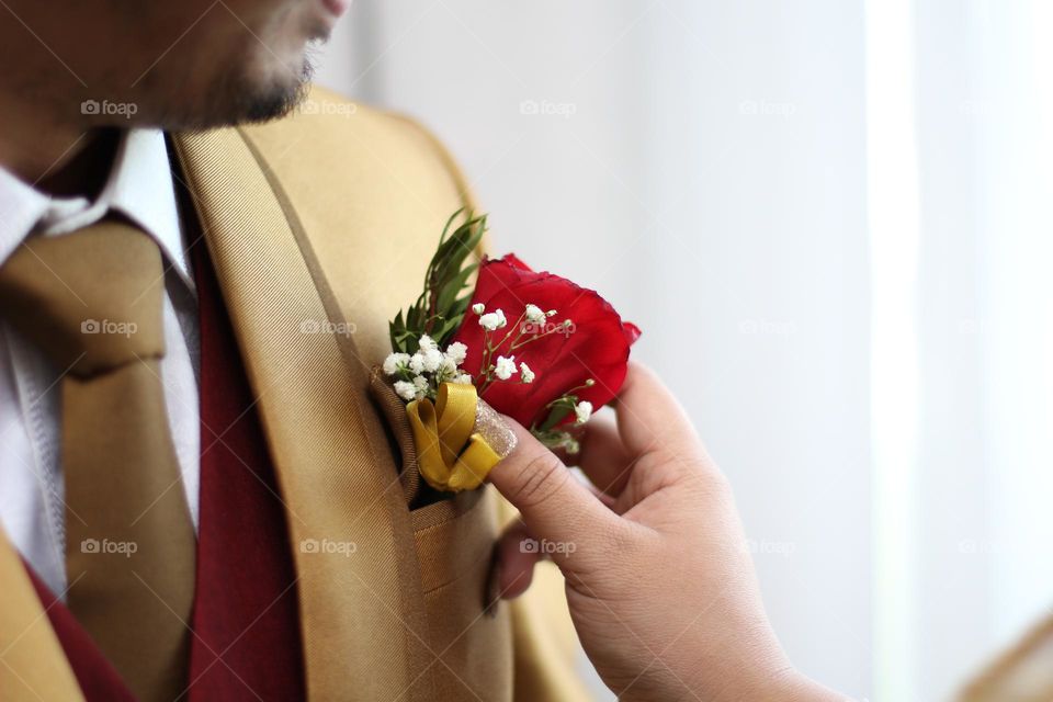 Someone is pinning red rose flower with both hand on a man with a golden suit. Wedding and special occasion.