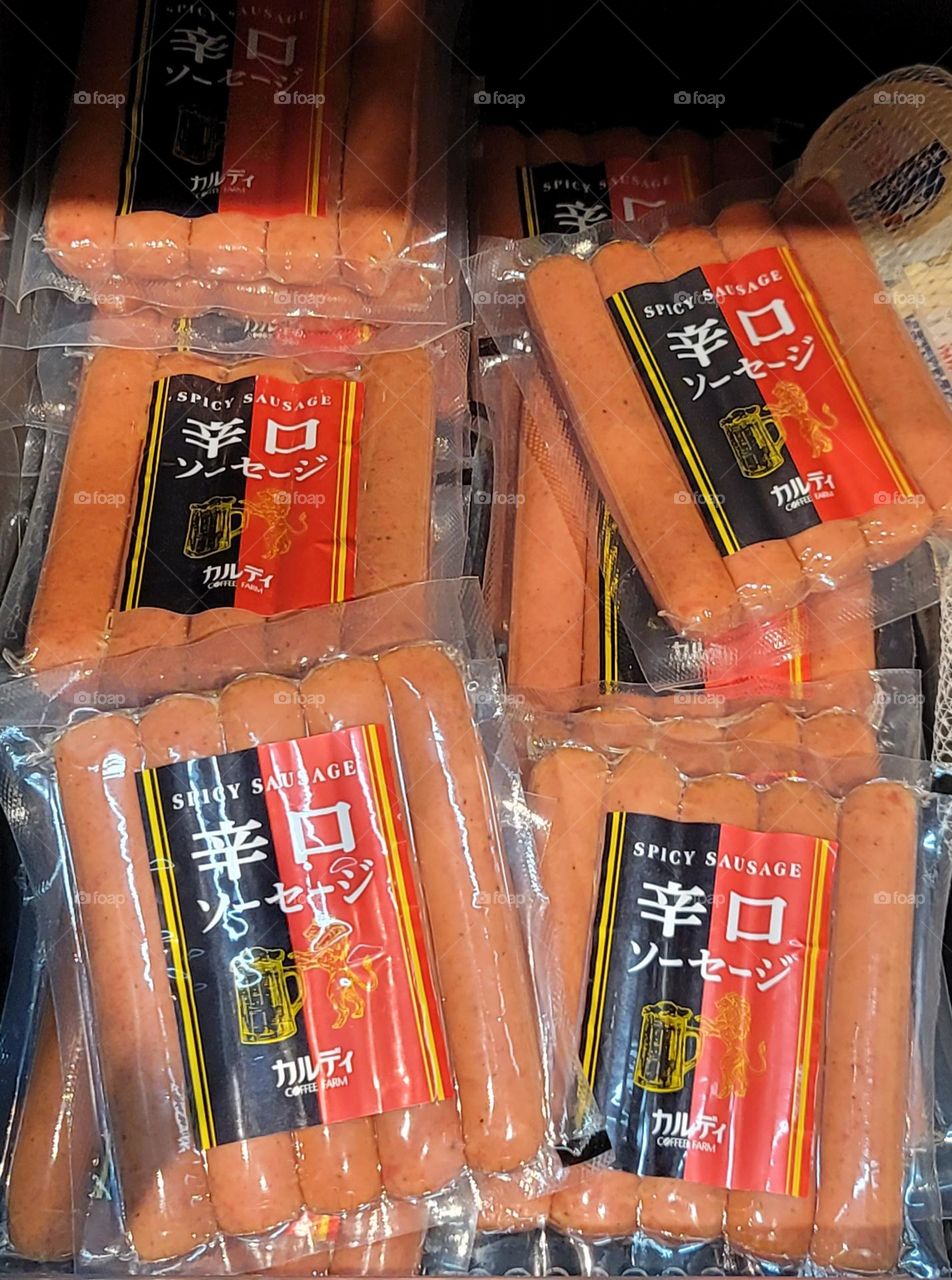 Spicy sausage in supermarket