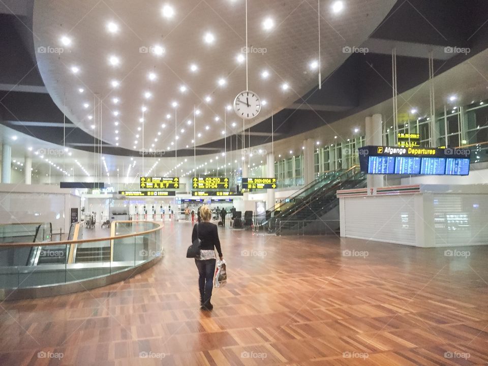 Copenhagen airport in Denmark at night.