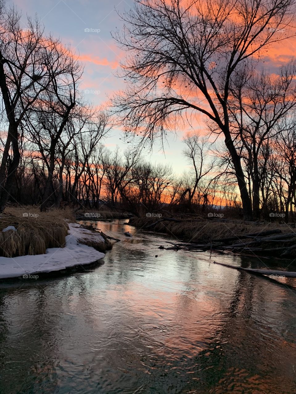 Winter river sunset 
