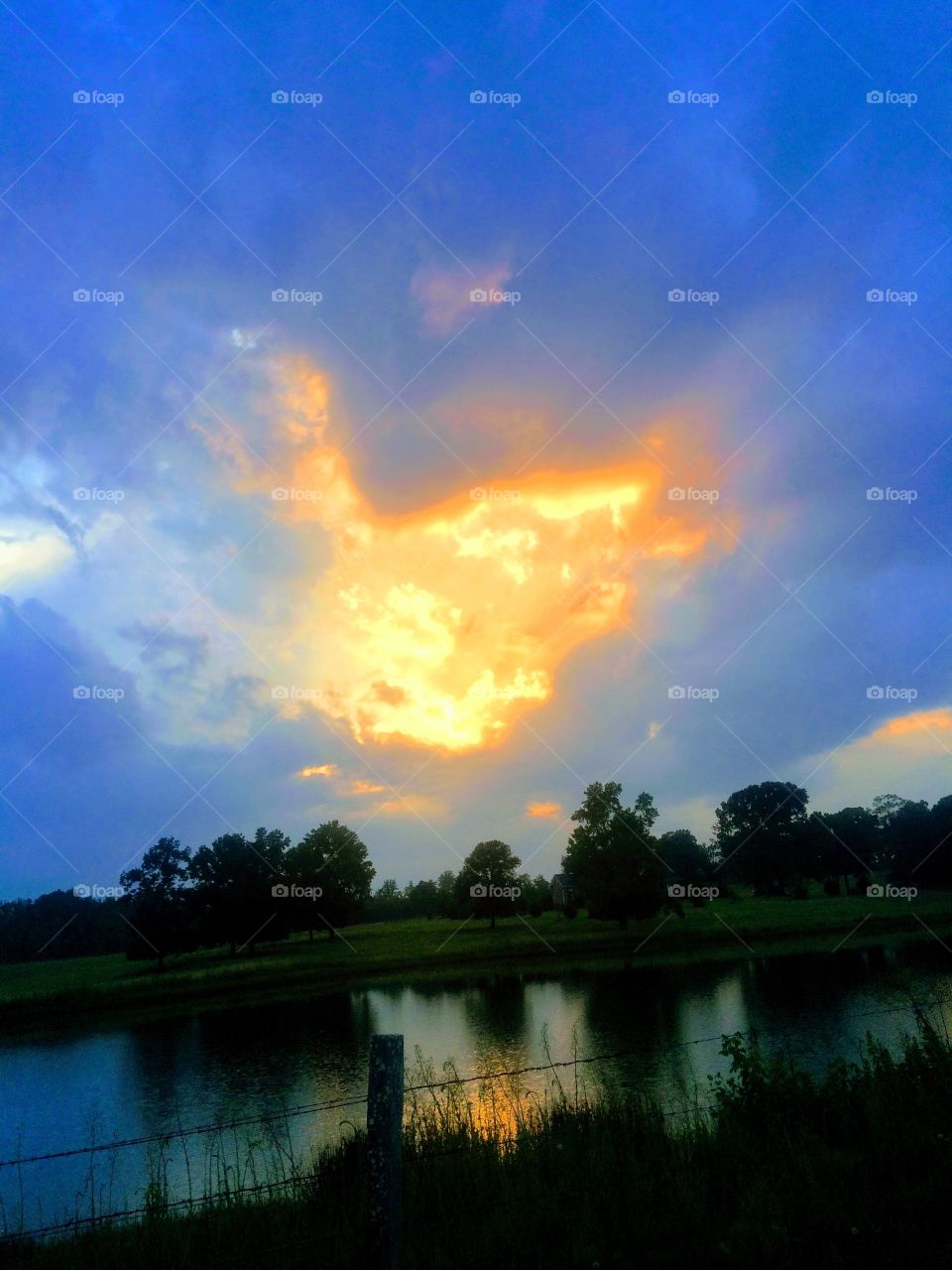Golden burst sunset farm pond reflection