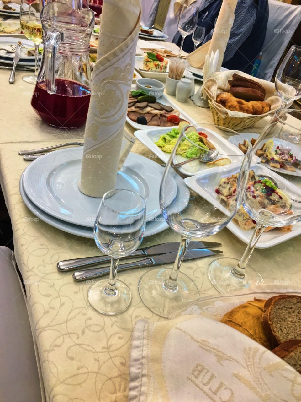 Table plate wineglass evening restaurant