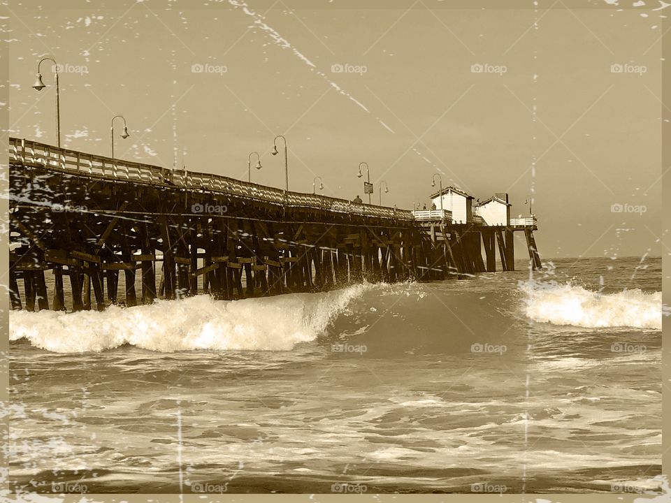 Pier Bug Waves, Distressed Photography Sepia