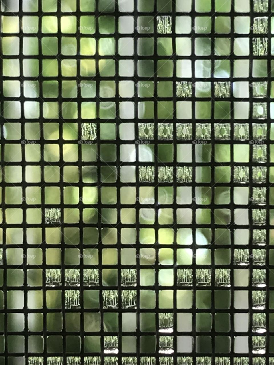 Raindrops entangled in a window net.