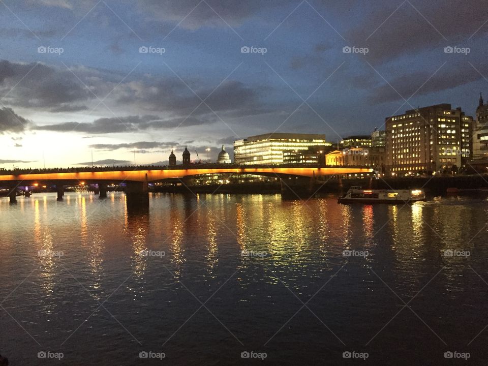 Water, Sunset, River, City, Reflection