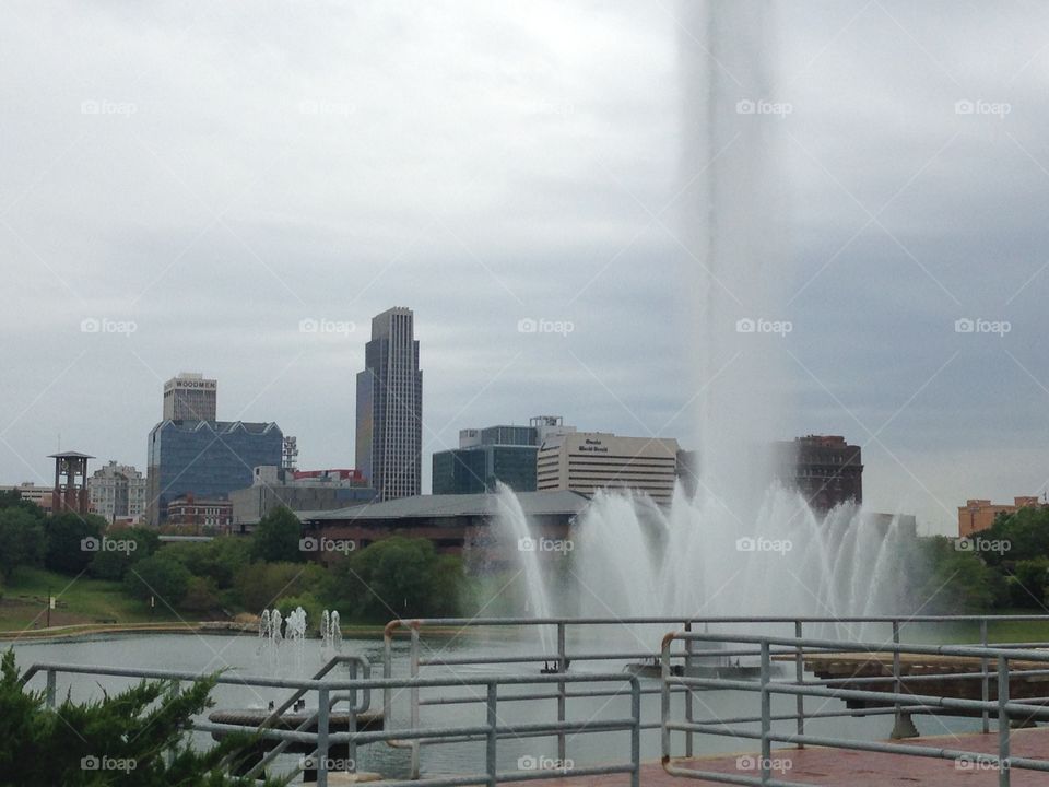 Awesome View of the Downtown Omaha Skyline from Con Agra Lake with the Heartland of America Water Fountain 