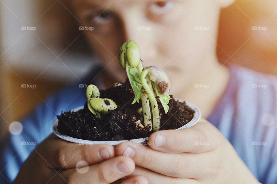 A kid showing bean sprouts in a plastic cup as part of recycling ideas school project