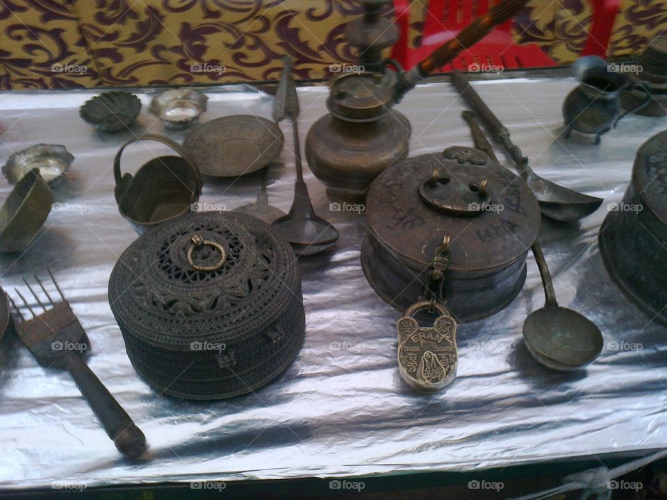 antique box, lock, ladle and other utensils