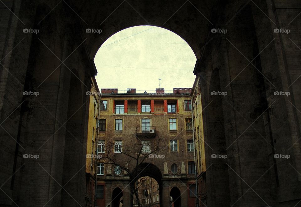 Tunnel with a view on the house in Saint-Petersburg, Russia