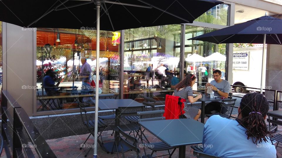 Dining area, restaurant, people eating, people sitting outside restaurant