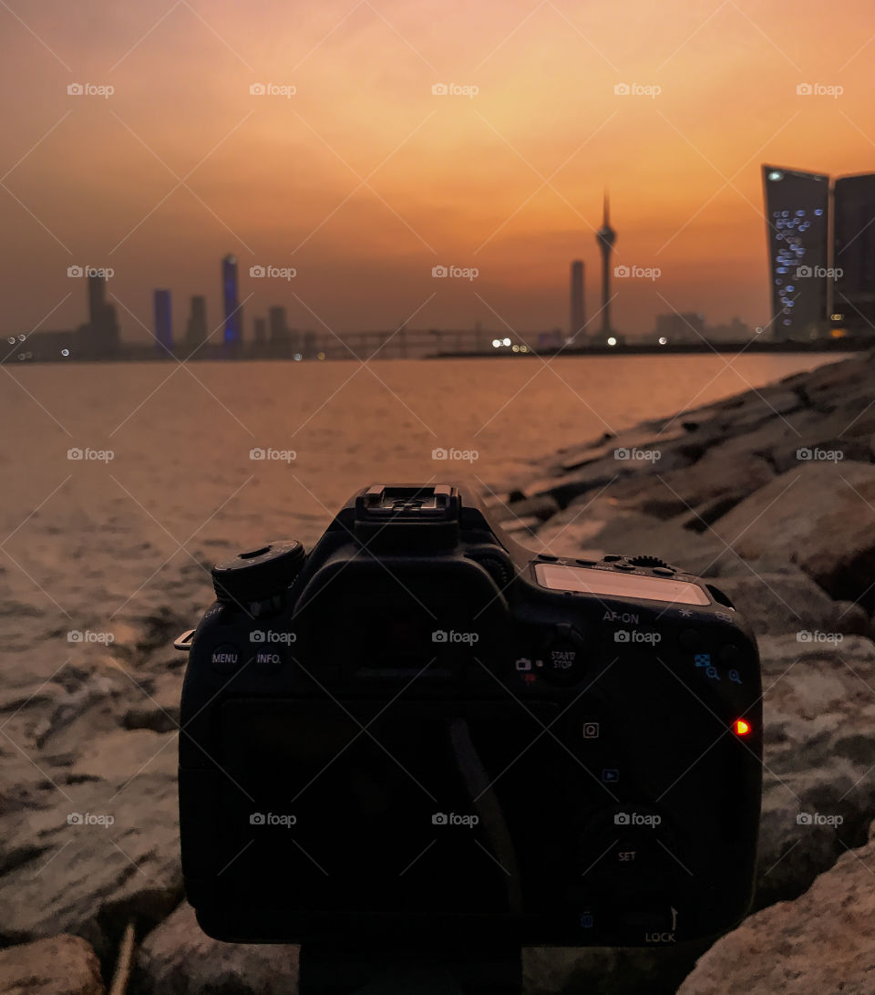 My Dslr Camera in Action at the City Coastline at Dusk. 