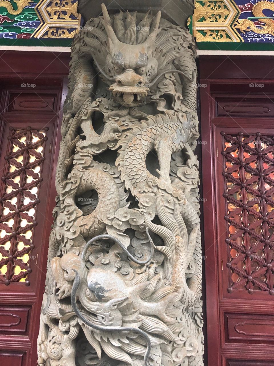 Dragons and Lions on The Po Lin Monastery. Ngong Ping Village, Po Lin Monastery, Lantau Island, Hong Kong. 