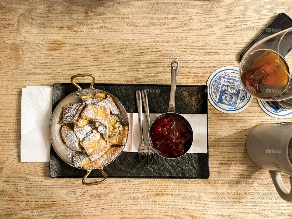 Traditional dessert eaten in Austria, Kaiserschmarrn. A soft pancake served with jams.