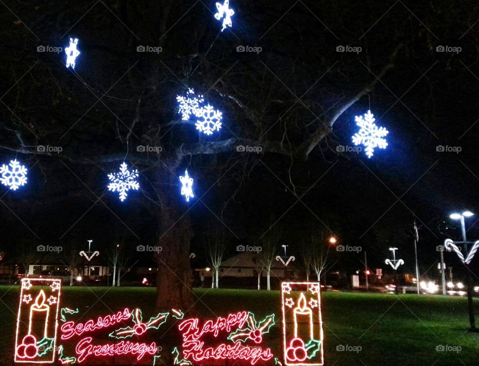 Season's Greetings Winter snowflake night time holiday lights display at a park in Oregon