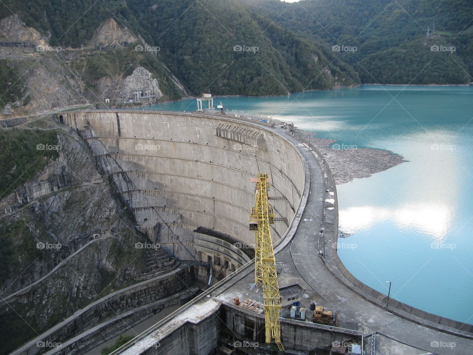 Inguri, Georgia - October 10, 2010: Dam of the Inguri hydroelectric power station and water reservoir