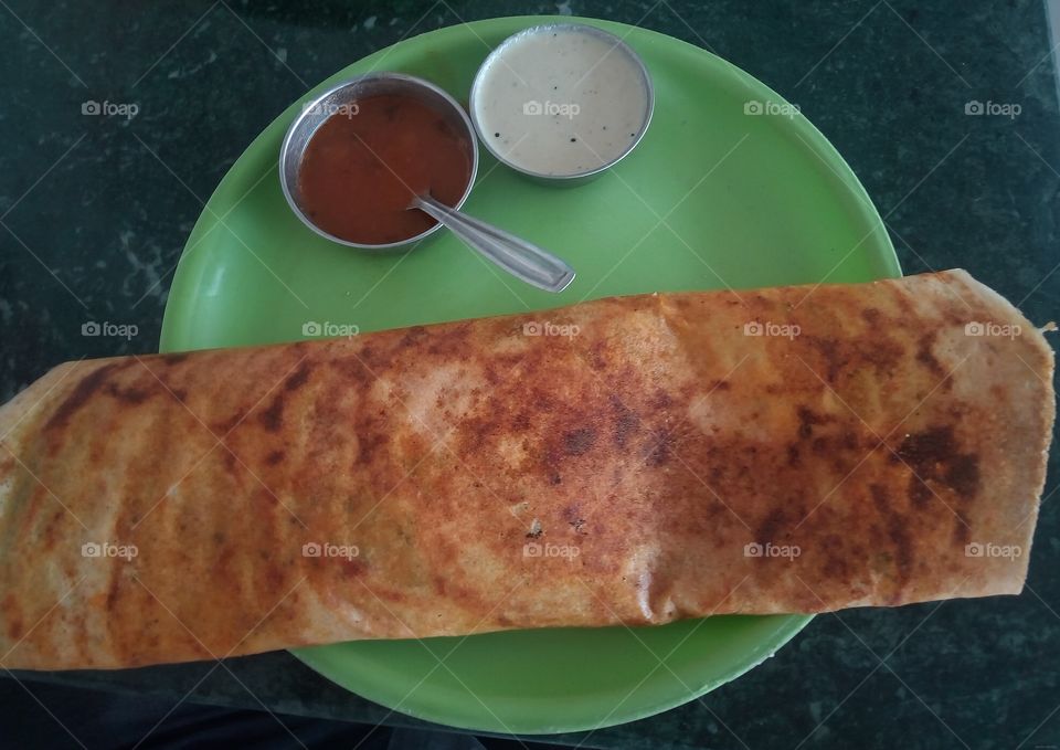 South Indian Famous Food "Masala Dosa" with Sambar and Coconut chutney.