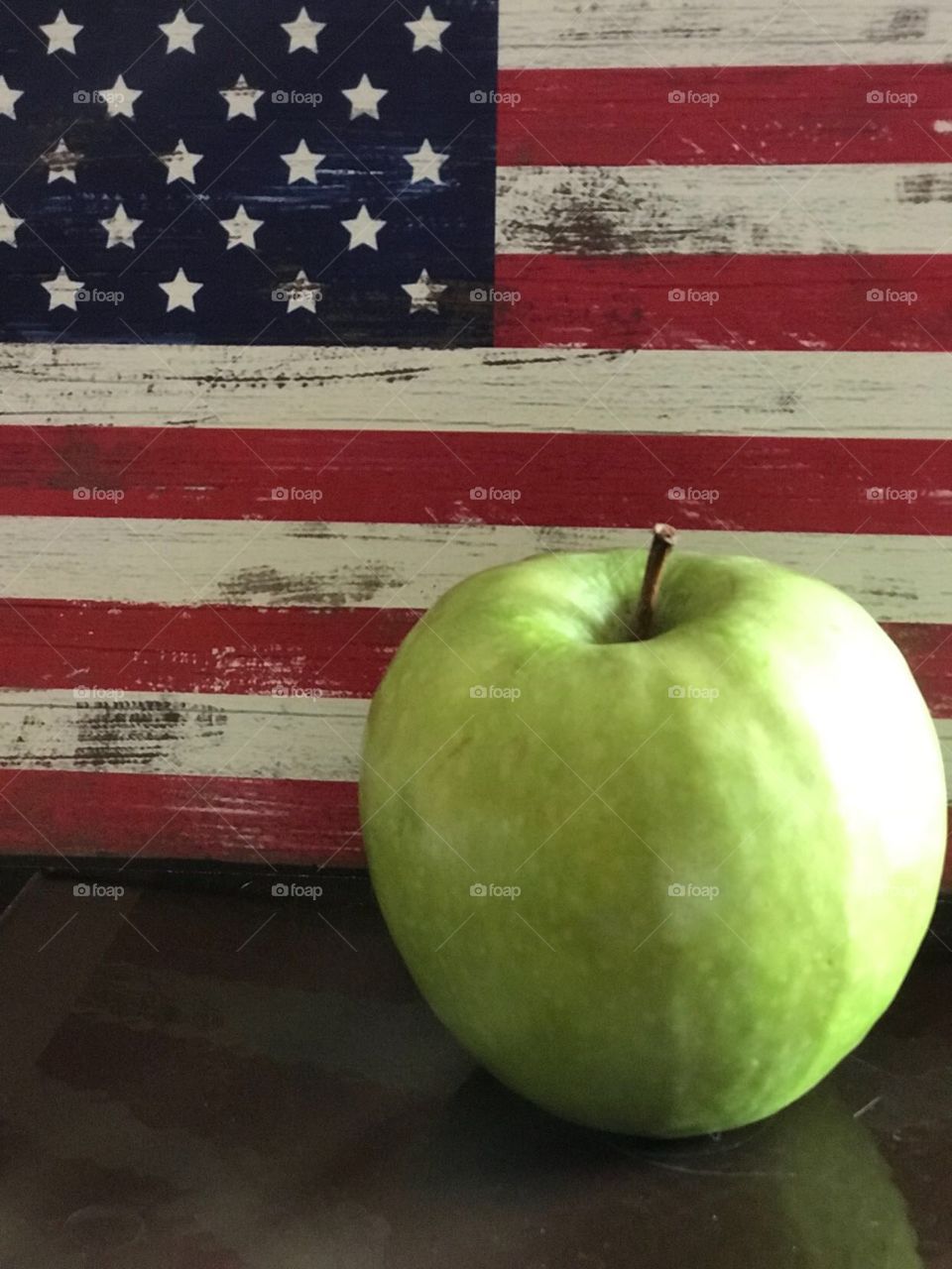 Golden delicious green apple and American Flag -Patriotic Apple 