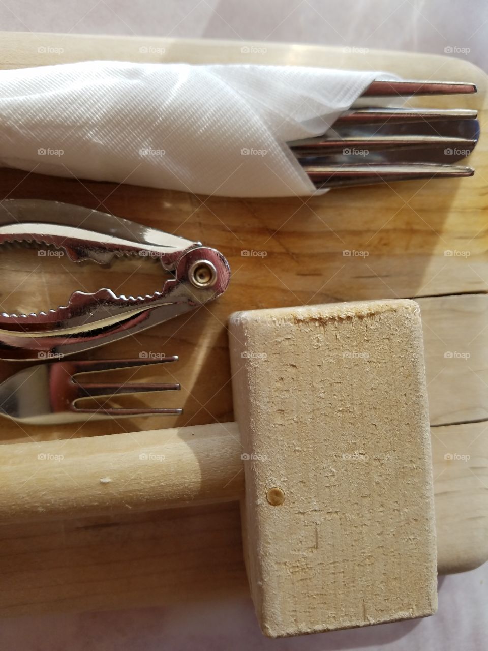 cracker, mallet, fork