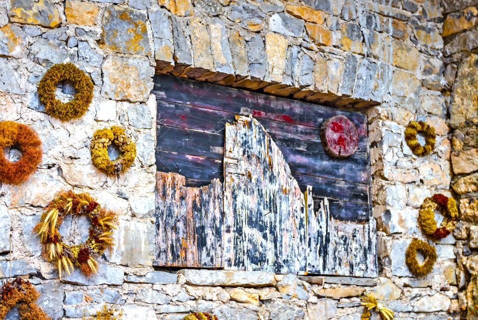 HDR wooden window and brick wall 