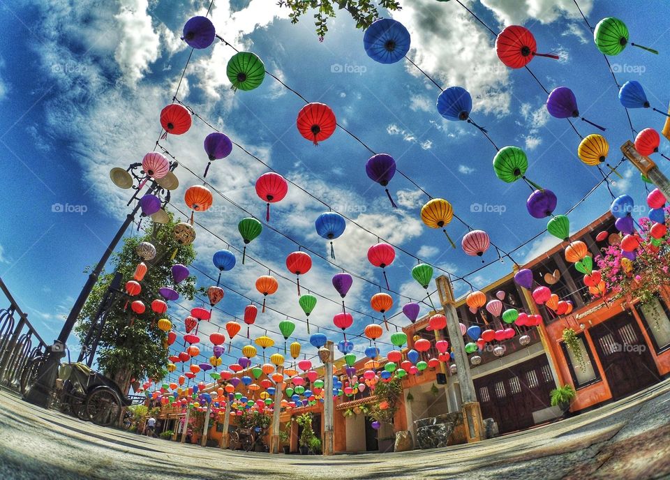 colourful small lanterns in Vietnam taken on action camera