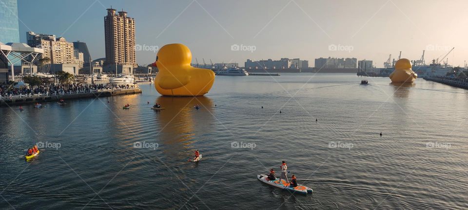 Rubber Duck floating on Love River Bay in Kaohsiung, Taiwan