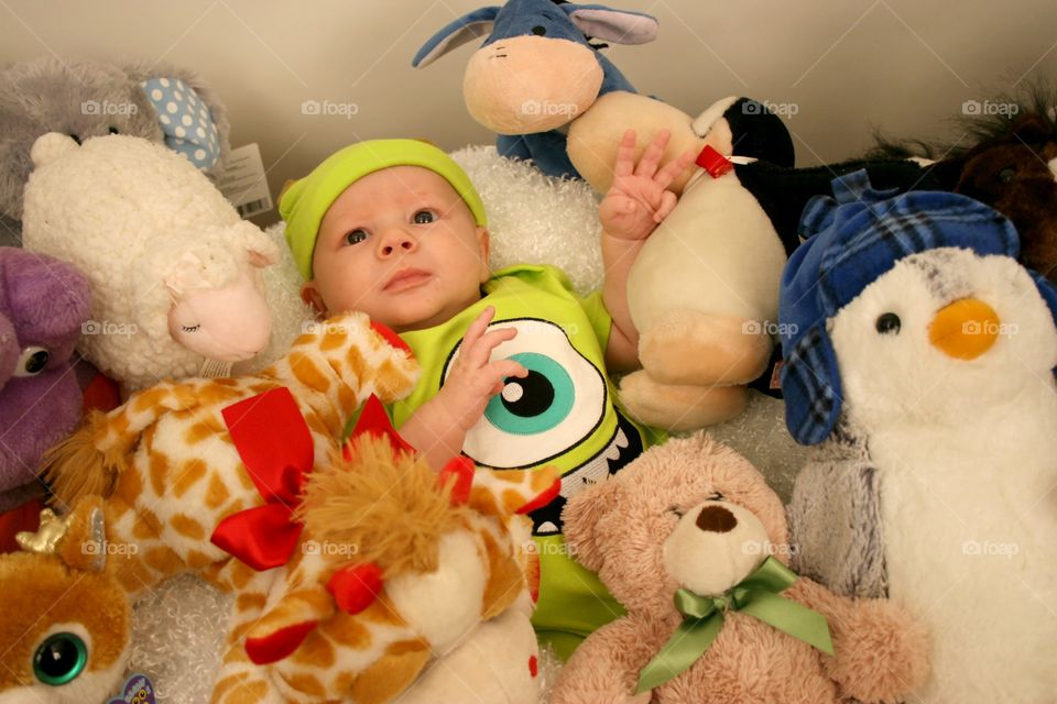 View of baby lying in bed with soft toys