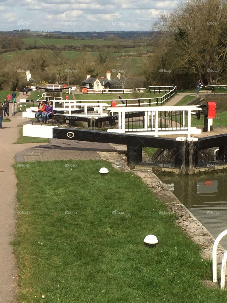 Flight of locks at the Foxton canals on a beautiful, dry spring day in the countryside of Britain’s midlands.