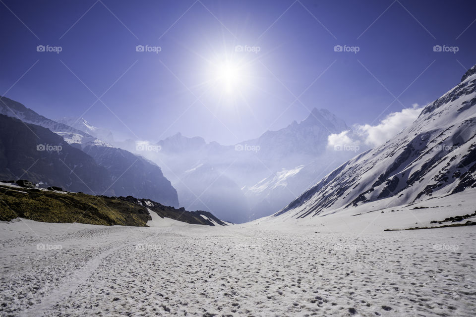 Sunrise and Himalaya mountain range view from Annapurna Base Camp - ABC, Nepal