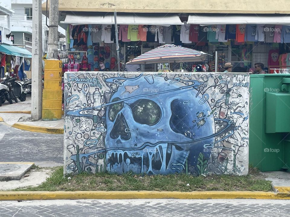 Skull mural on the street of Isla Mujeres, Mexico.