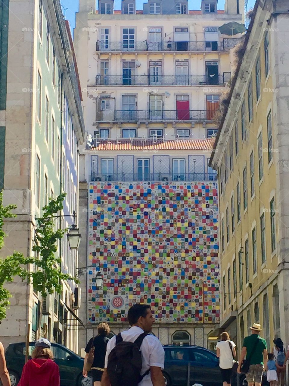 Patchwork on display outside of the building 