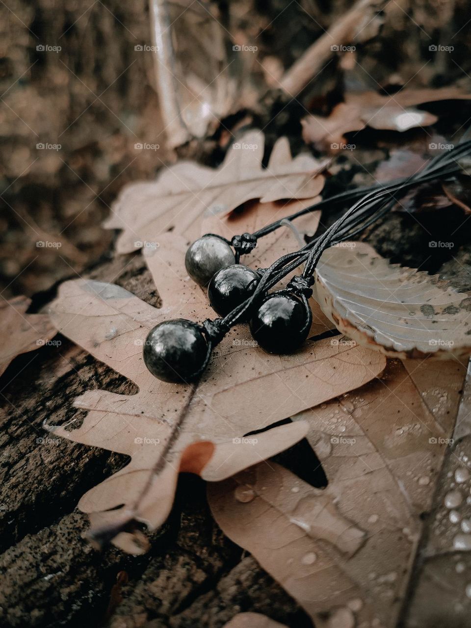 Black gray obsidian stone jewelry on the fallen leaves in the forest. Round shape minerals
