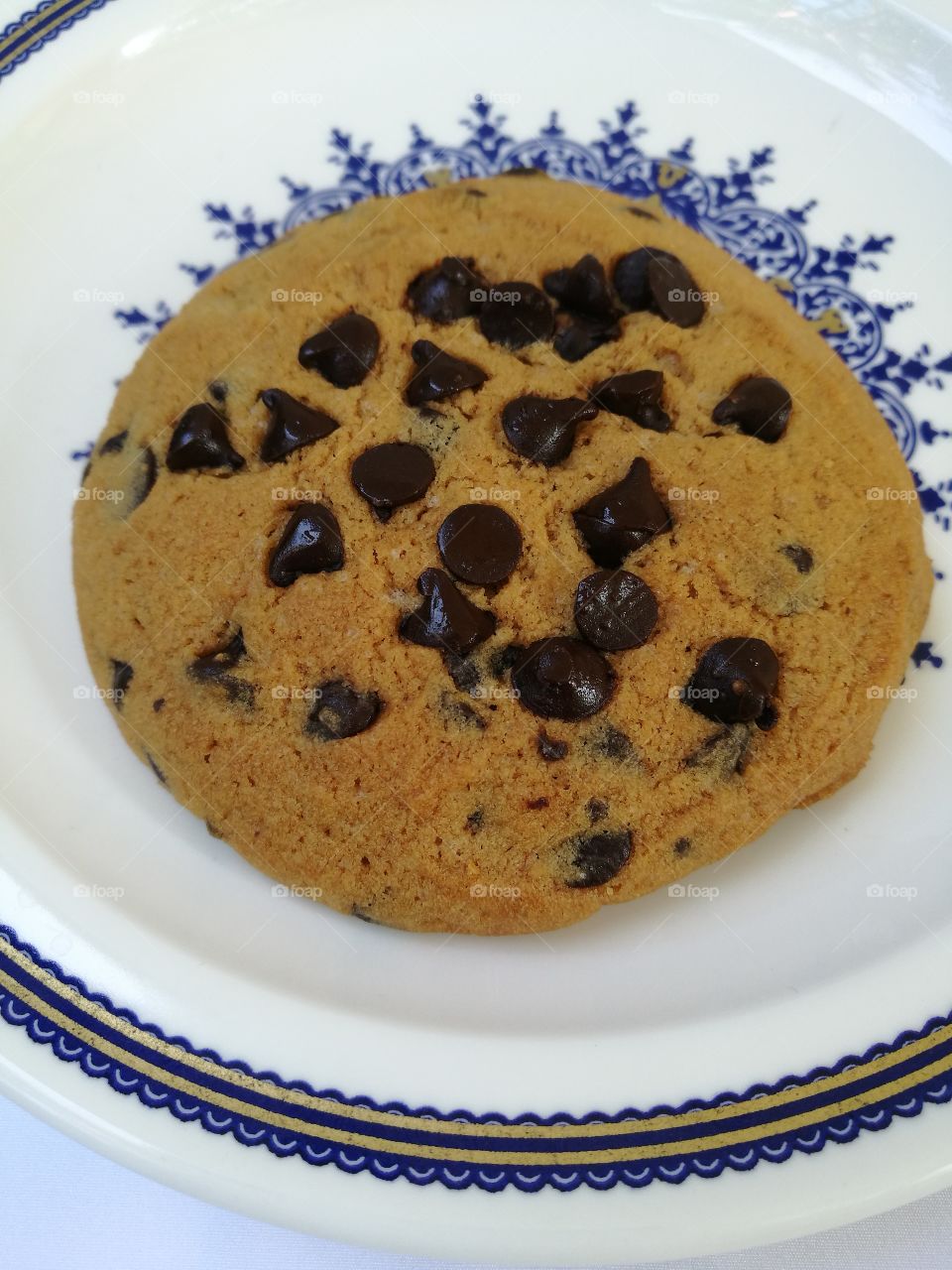 Closeup of chocolate chip cookies on a white plate.