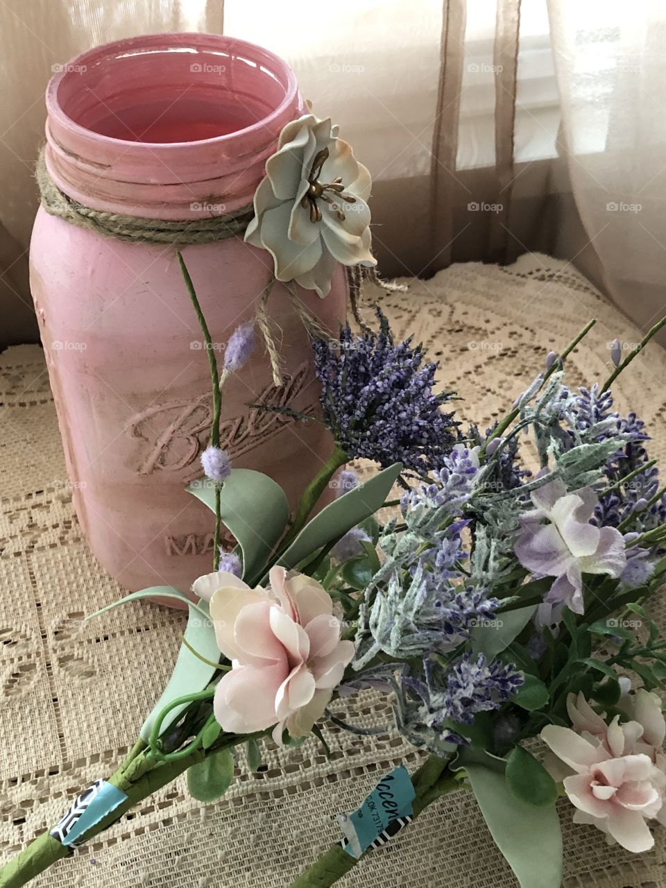 Shabby mason jar painted pink with flowers 