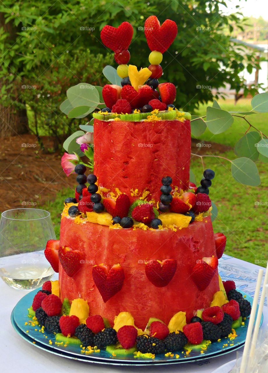 Watermelon Wedding Fruit Cake - FRUITS - Fruits are an excellent source of essential vitamins and minerals, and they are high in fiber which helps reduce a persons risk of fevers heart attack