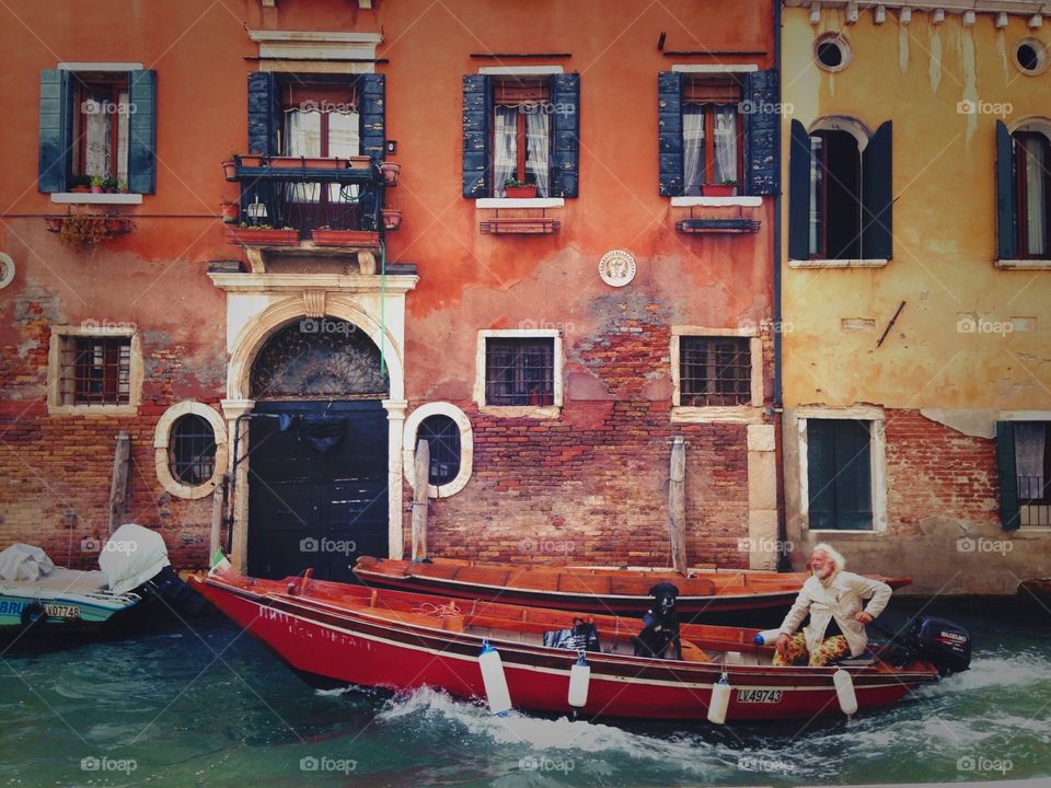 Dog having a walk in gondola down the canal in Venice. 