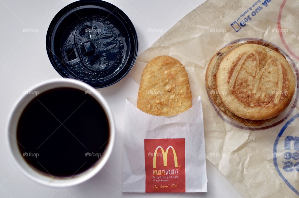 McDonald’s Mc Café sausage McGriddle hash brown  flat lay