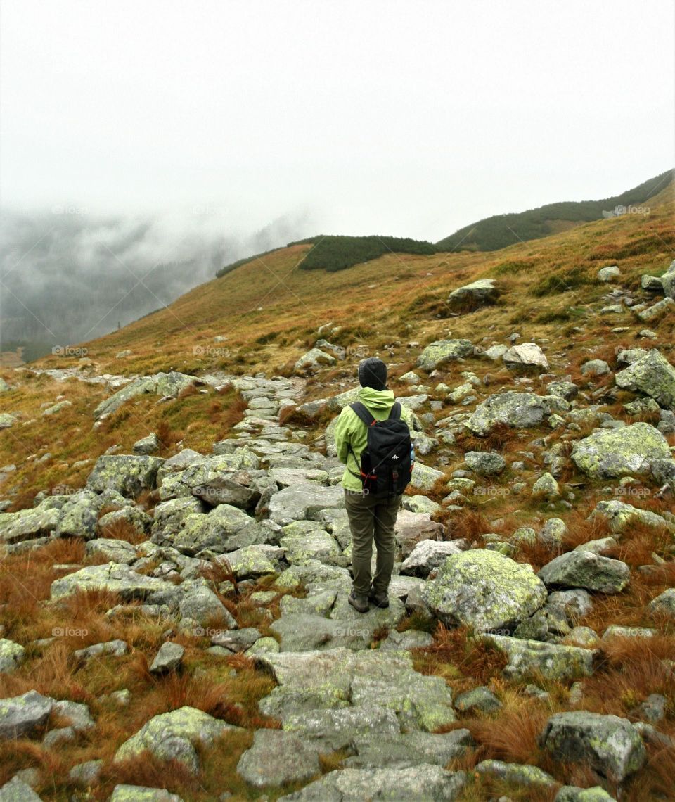 Person on the misty trail in the mountains
