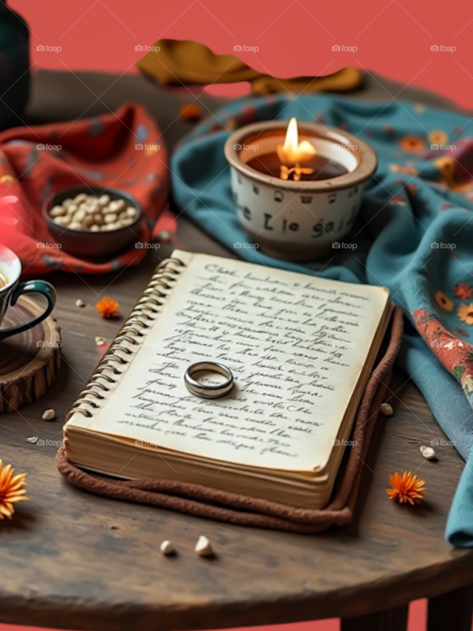A wooden table with a notebook and vintage items