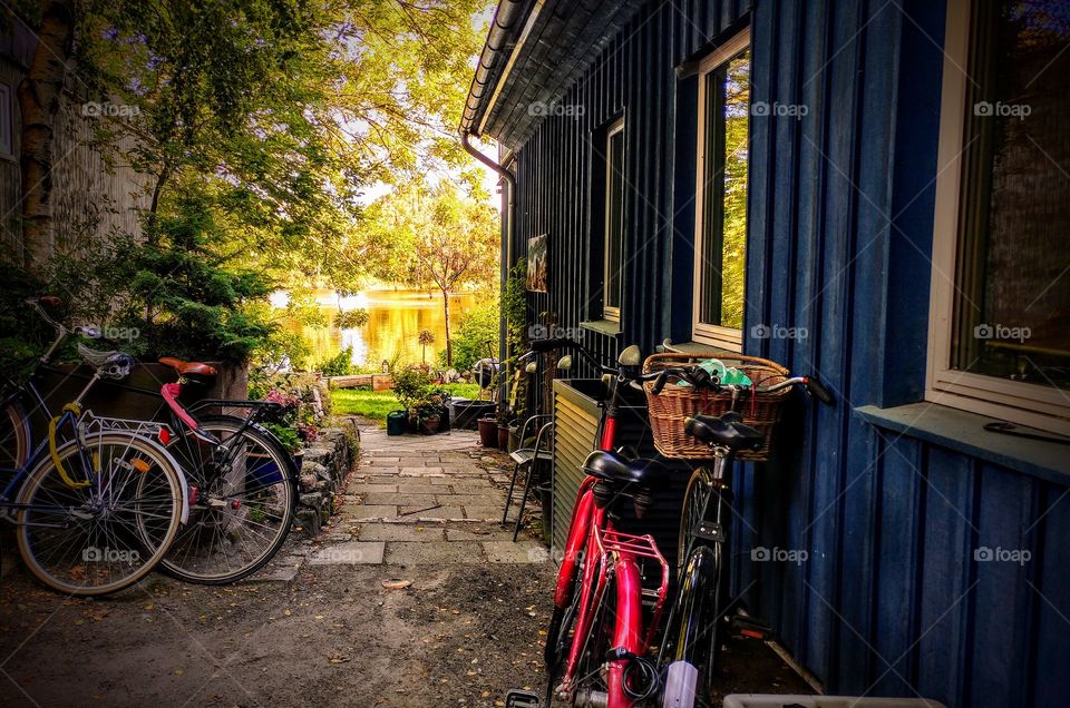 blue house, pink bikes