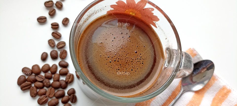 cup of coffee and coffee beans top view, drinking coffee ☕