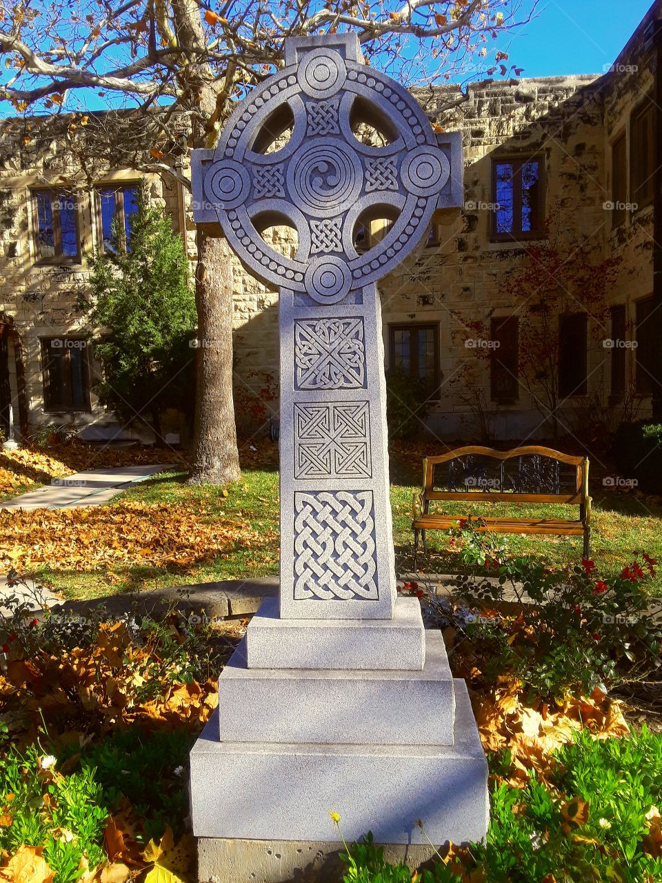 Celtic Cross By Church In The Fall
