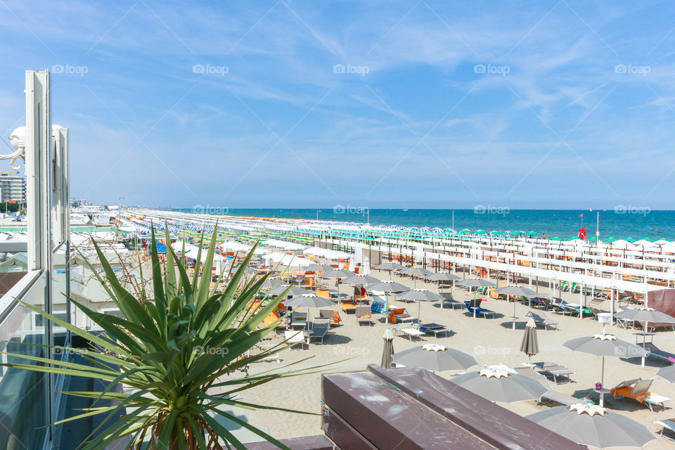 View from the terrace of the restaurant to the beach and the sea, Italy, Riccione