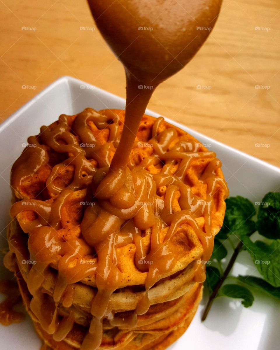 Healthy Can Still Look Sinful... just depends on your Health goals. Vegan Banana Mini Waffle Stack with Maple Peanut Butter Sauce