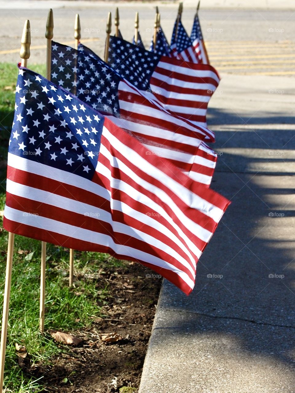 American flags lining the sidewalk 