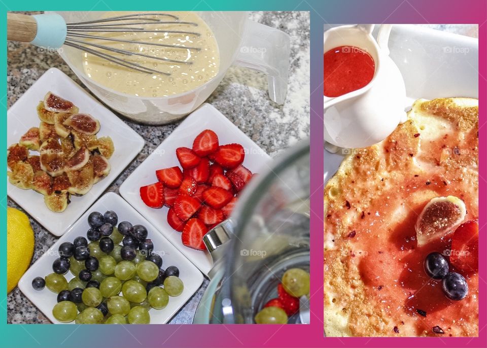 Making pancakes with a fruity sauce montage. 2 images comprising of 1 set of ingredients and another of the finished pancakes, with green to pink graduated border.