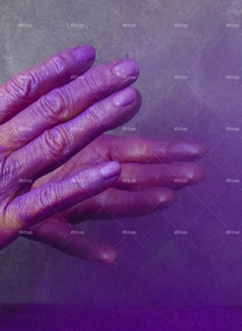 Hands covered in purple powdered color 