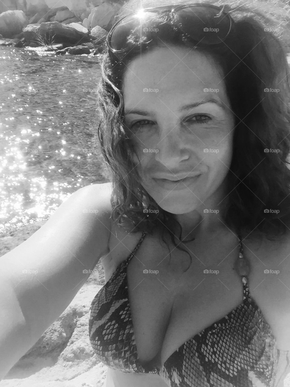 Woman beach bikini selfie black and white