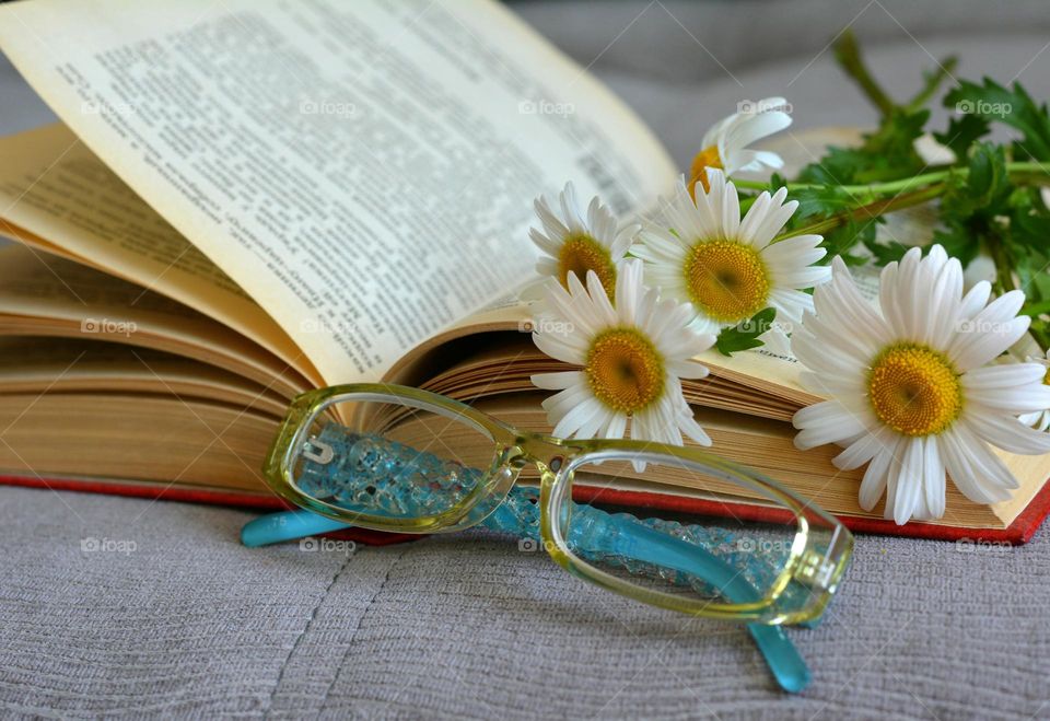 glasses, book and flowers, reading book, lifestyle