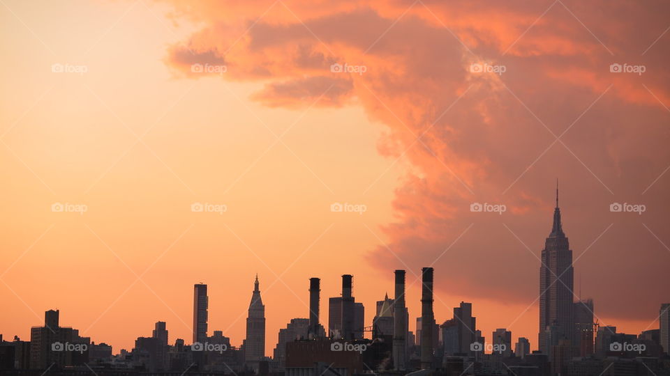 Silhouette of New York skyline at sunset
